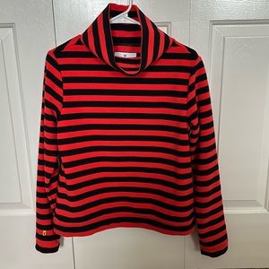 Small Dudley Stephen’s orange and navy stripe turtleneck fleece.